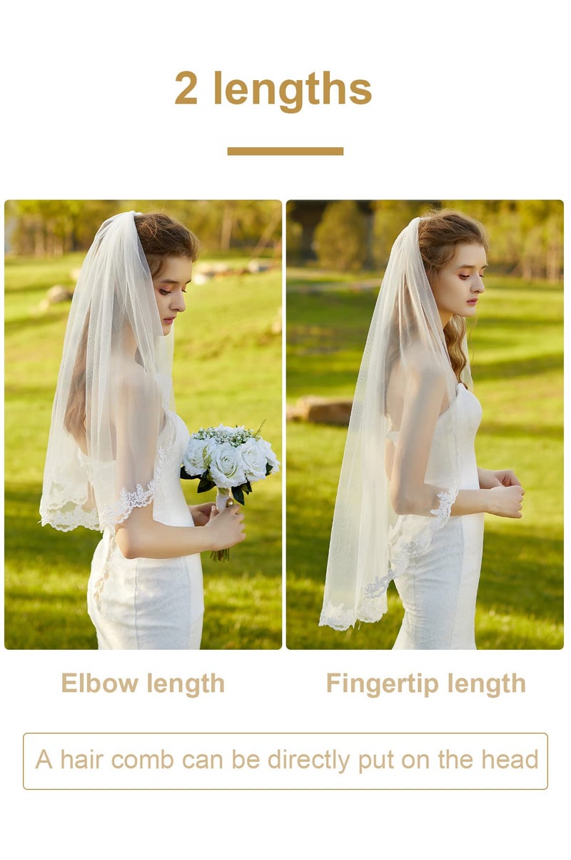 BEAUTELICATE Wedding Bridal Veil with Comb 1 Tier Lace Applique Edge Fingertip Length - Image 2